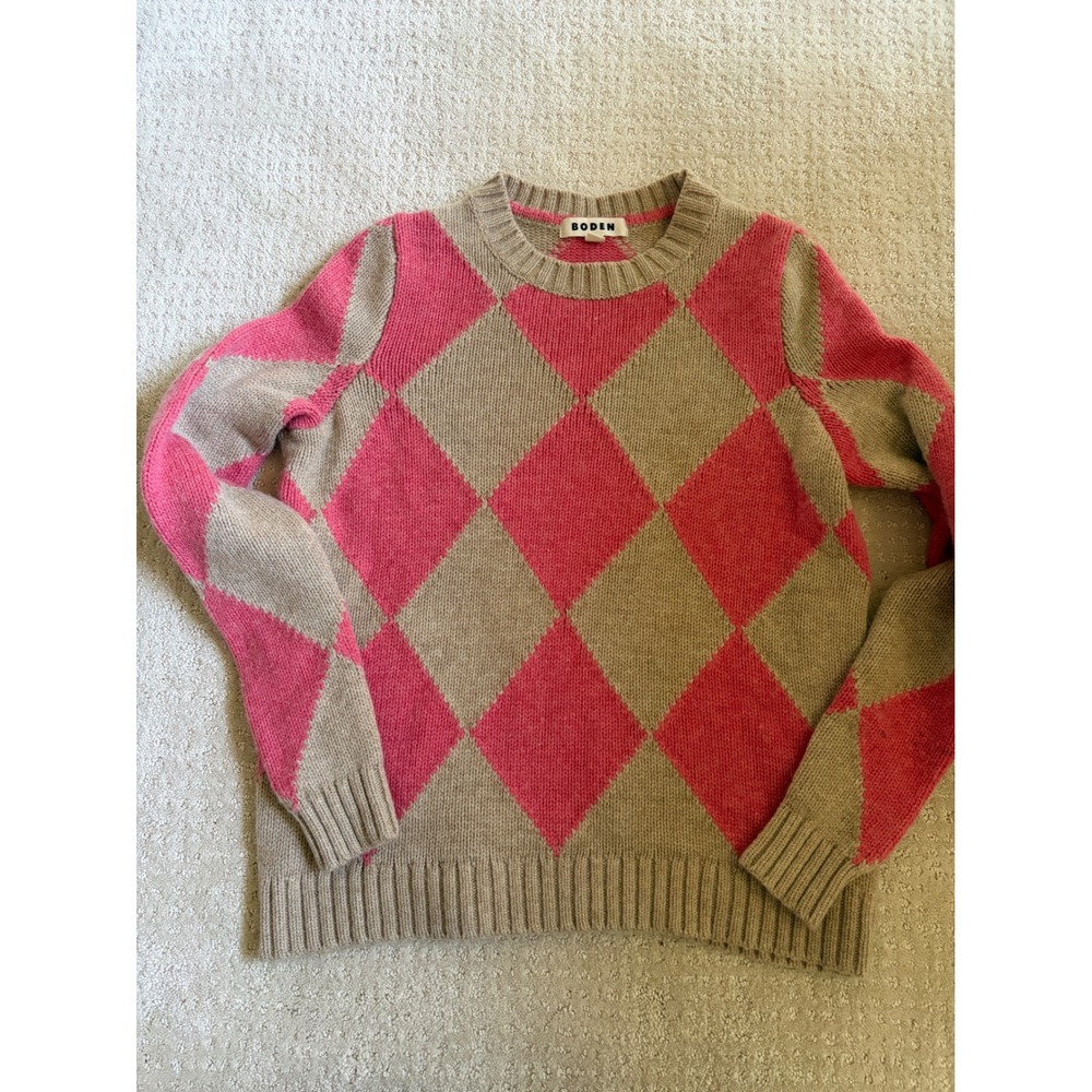 Boden Argyle Sweater Women Size S Pink Tan Wool Alpaca Blend Academia Retro